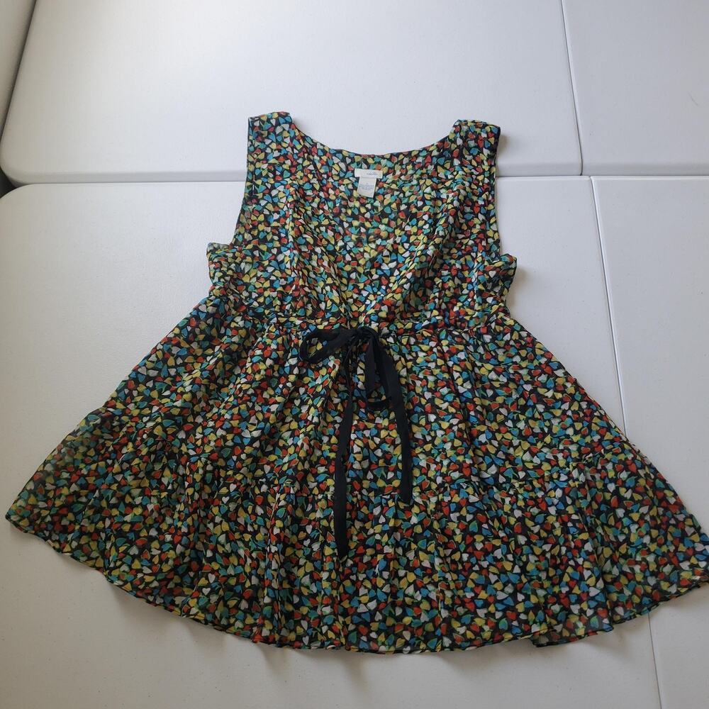 Y2K Odille Babydoll Top Womens 6 Black Multicolor Heart Silk Fit & Flare Whimsy